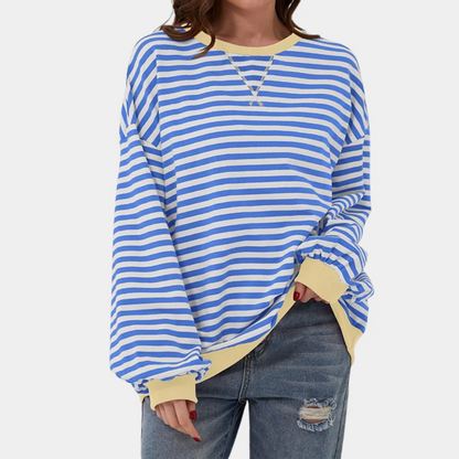 Damska oversize’owa bluza w paski z okrągłym dekoltem, długimi rękawami i kontrastowymi ściągaczami – swobodny pulower na co dzień, czas wolny i casualowe stylizacje
