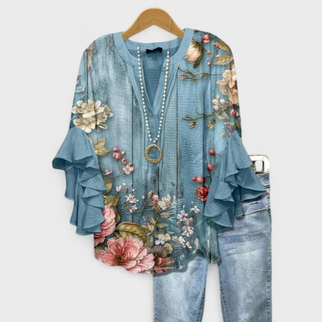 Dame Mønstret Bluse Med Flæseærmer Og V-udskæring – Afslappet Overdel Til Hverdagsbrug, Ferie Og Smart Casual Stil