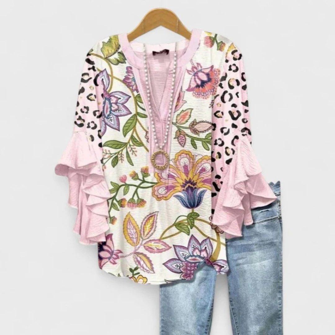 Dame Mønstret Bluse Med Flæseærmer Og V-udskæring – Afslappet Overdel Til Hverdagsbrug, Ferie Og Smart Casual Stil