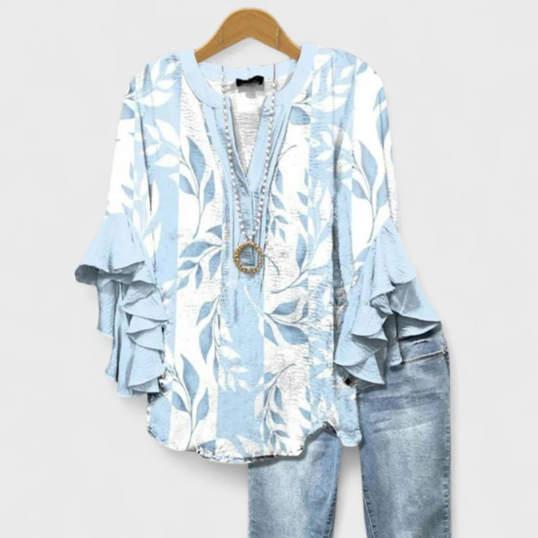 Dame Mønstret Bluse Med Flæseærmer Og V-udskæring – Afslappet Overdel Til Hverdagsbrug, Ferie Og Smart Casual Stil