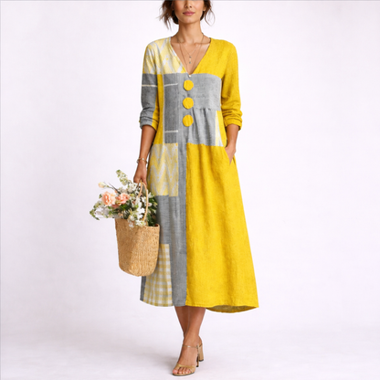 Women’s midi dress with a patchwork design and button details – Casual dress for everyday wear, vacations, leisure, and smart-casual style