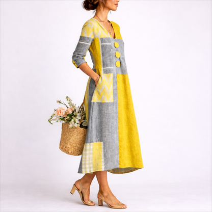 Women’s midi dress with a patchwork design and button details – Casual dress for everyday wear, vacations, leisure, and smart-casual style