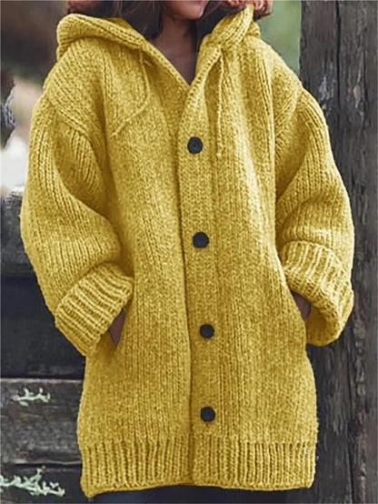 Women's Oversized Long Chunky Knit Cardigan with Hood, Buttons and Pockets – Warm, Casual Top for Fall, Winter and Everyday Wear