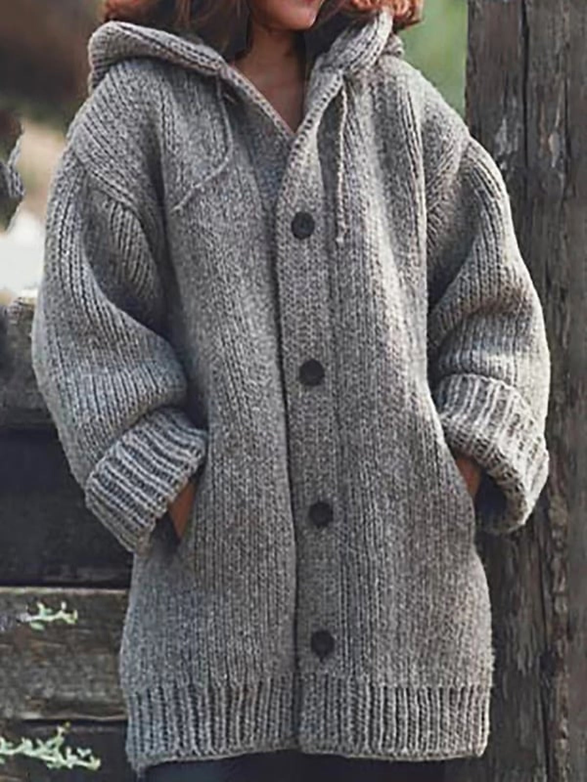 Women's Oversized Long Chunky Knit Cardigan with Hood, Buttons and Pockets – Warm, Casual Top for Fall, Winter and Everyday Wear