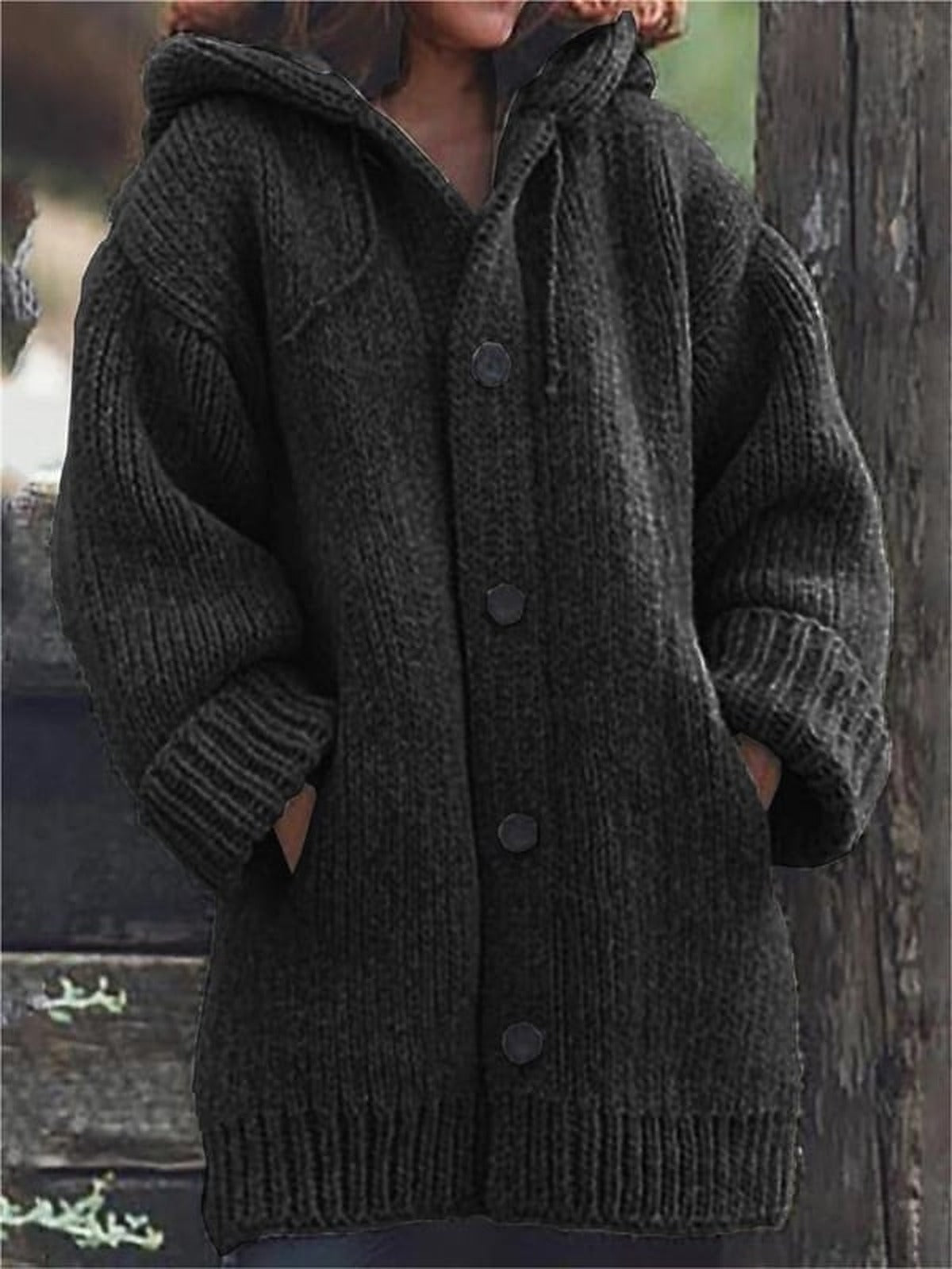 Women's Oversized Long Chunky Knit Cardigan with Hood, Buttons and Pockets – Warm, Casual Top for Fall, Winter and Everyday Wear