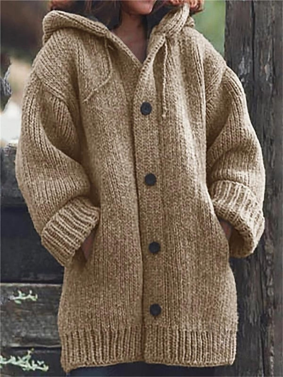 Women's Oversized Long Chunky Knit Cardigan with Hood, Buttons and Pockets – Warm, Casual Top for Fall, Winter and Everyday Wear