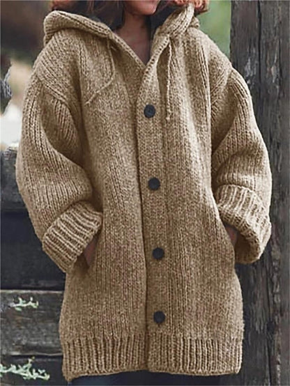 Women's Oversized Long Chunky Knit Cardigan with Hood, Buttons and Pockets – Warm, Casual Top for Fall, Winter and Everyday Wear