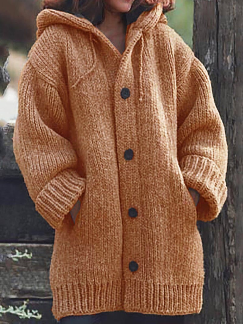 Women's Oversized Long Chunky Knit Cardigan with Hood, Buttons and Pockets – Warm, Casual Top for Fall, Winter and Everyday Wear