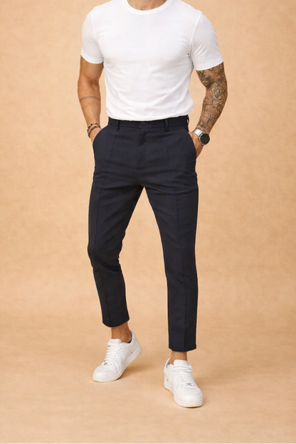 Pánské společenské kalhoty slim fit s puky a rovnými nohavicemi – elegantní kalhoty do práce, na obchodní schůzky a večerní akce