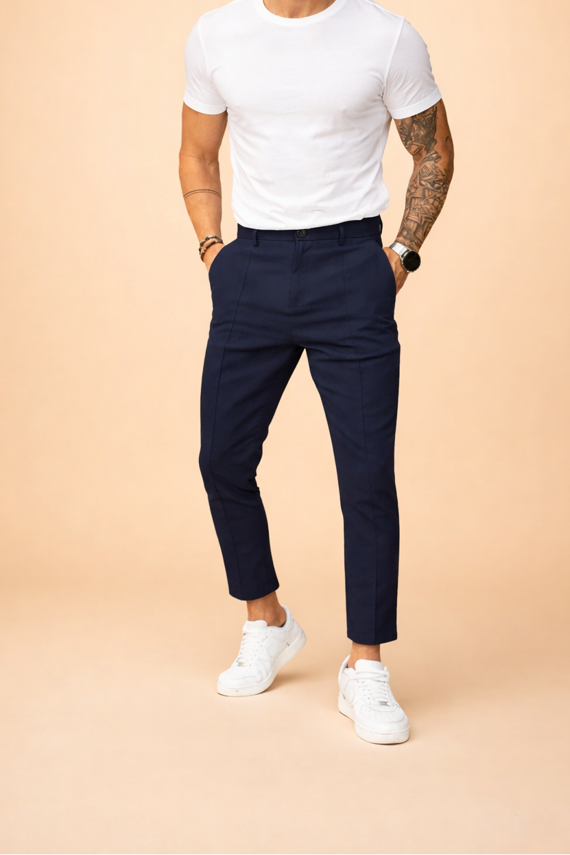 Pánské společenské kalhoty slim fit s puky a rovnými nohavicemi – elegantní kalhoty do práce, na obchodní schůzky a večerní akce
