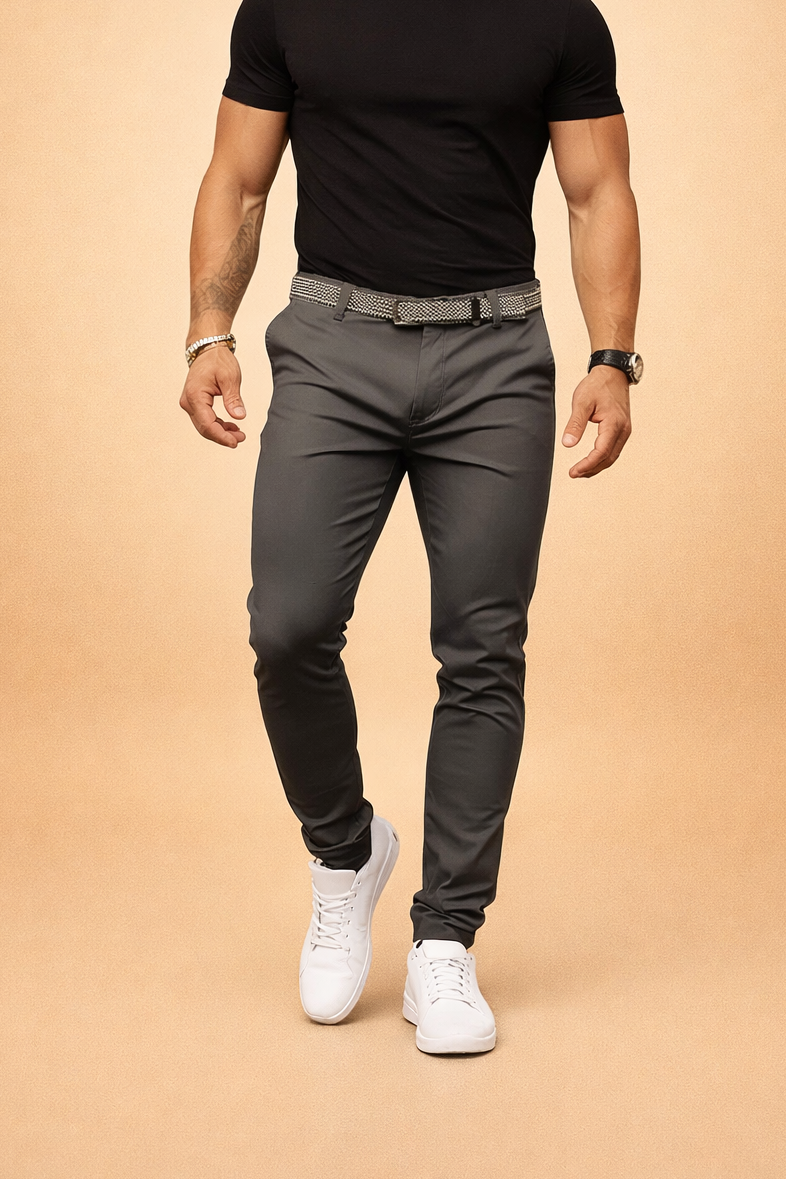 Męskie spodnie garniturowe slim fit z nogawkami zwężanymi ku dołowi – eleganckie spodnie na dni pracy, do miasta i na co dzień