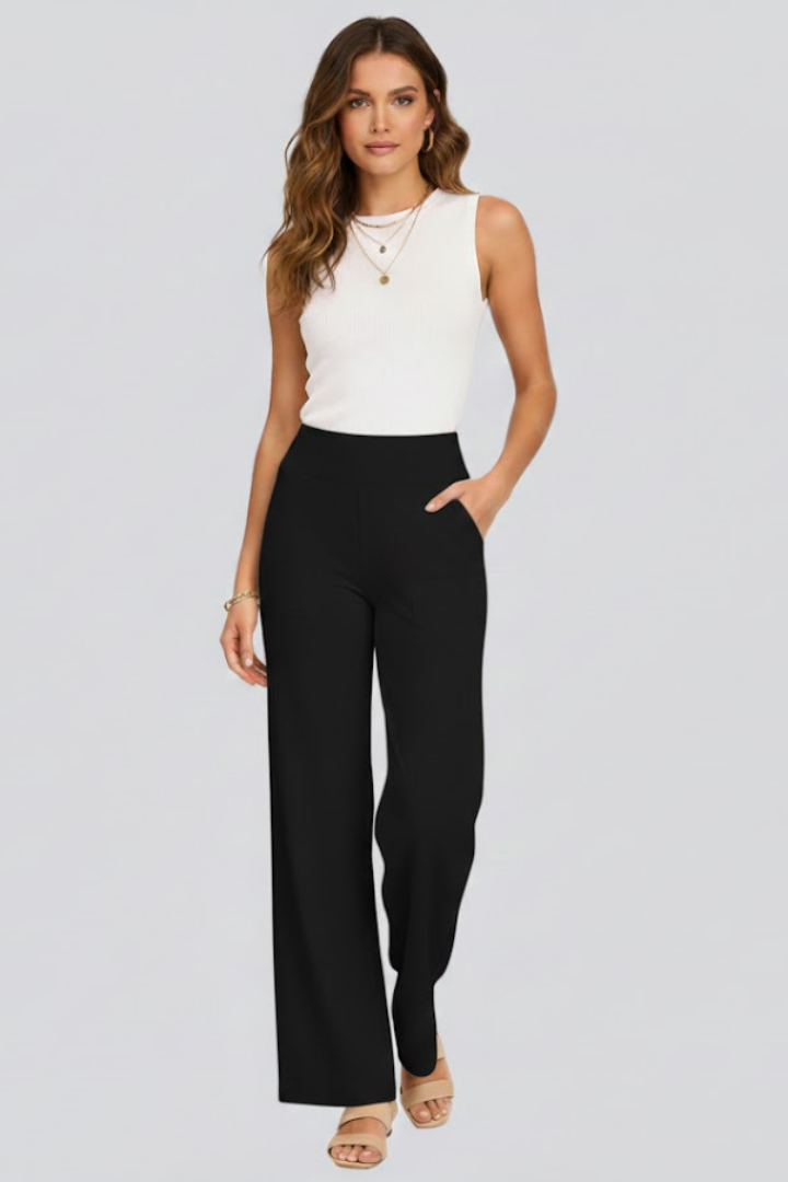 Dame Bukser Med Høj Talje Og Brede Ben – Elegant Pull-on Design Til Kontor, Hverdagsbrug, Ferie Og Smart Casual Stil