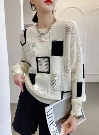 Dame Openwork Patchwork-striksweater Med Rund Hals Og Blandede Teksturer – Afslappet Pullover Til Hverdagsbrug, Fritid Og Lag-på-lag Styling