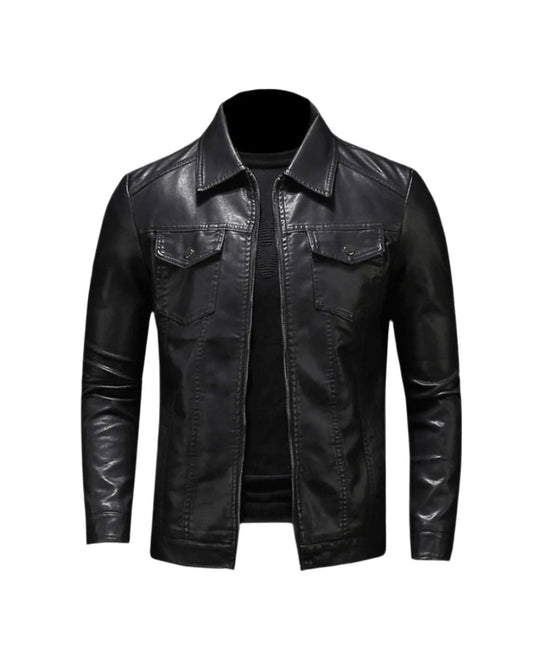 Men's Vegan Leather Trucker Jacket – Structured Collared Jacket for City Wear in Fall