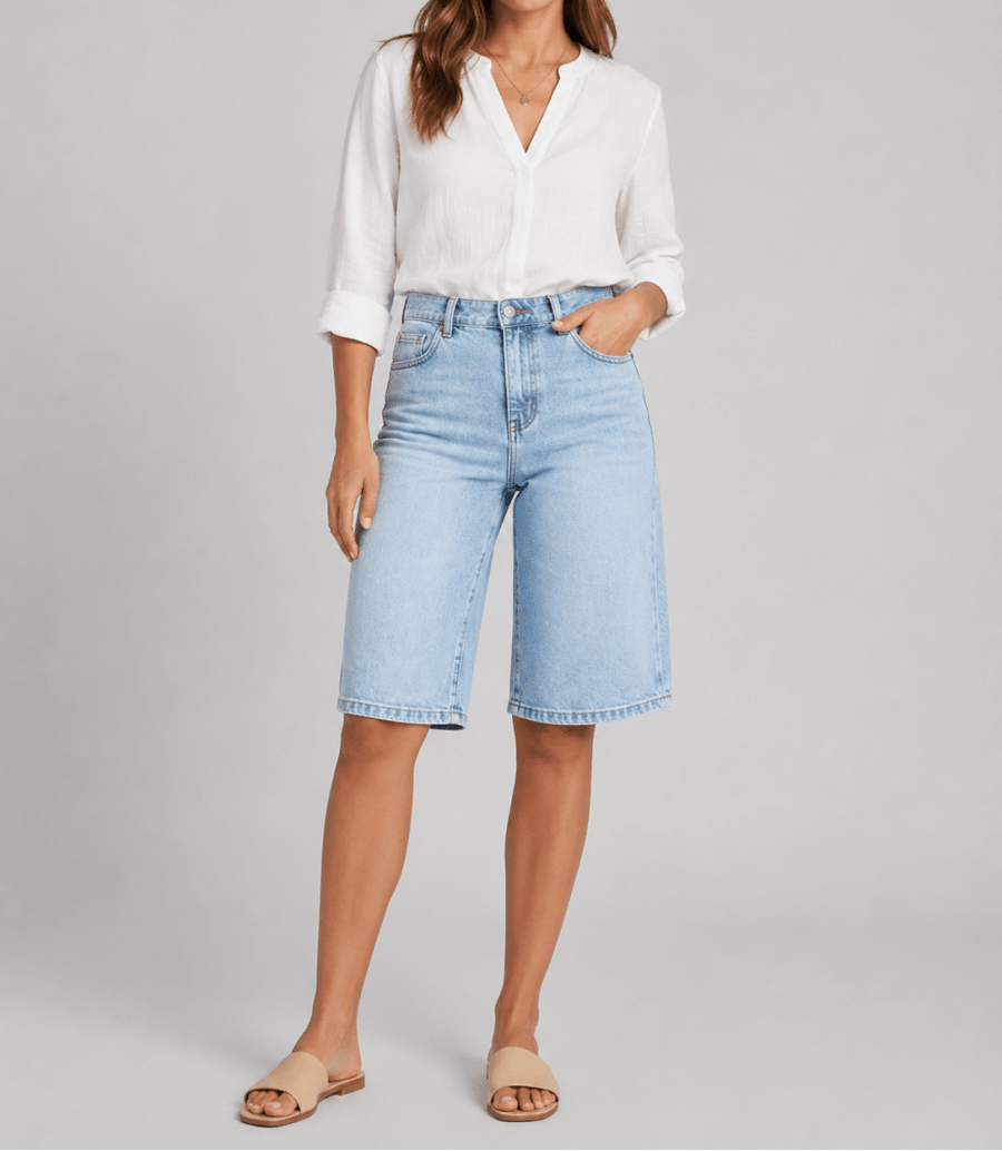 Dame Højtaljede Denim Bermudashorts – Knælange Jeansshorts Med Brede Ben Til Afslappet Sommerstil, Ferier Og Hverdagsbrug