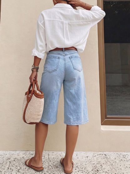 Dame Højtaljede Denim Bermudashorts – Knælange Jeansshorts Med Brede Ben Til Afslappet Sommerstil, Ferier Og Hverdagsbrug