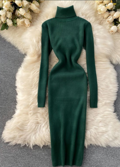 Dame Ribbet Strikket Bodycon Midikjole – Langærmet Rullekrave Stil Til Efterår Og Vinter