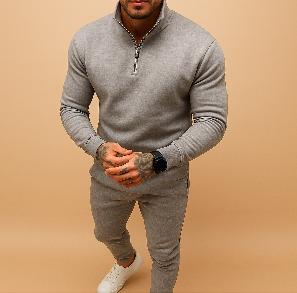 Męski dwuczęściowy zestaw treningowy z bluzą half-zip i joggerami – dopasowany dres na podróże, do streetwearowych stylizacji i na co dzień