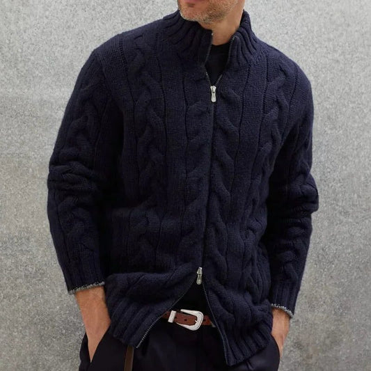 Cardigan bărbătesc tricotat cu torsade, fermoar, guler ridicat și mâneci lungi – Pulover elegant pentru purtare zilnică, serviciu și styling smart casual în straturi