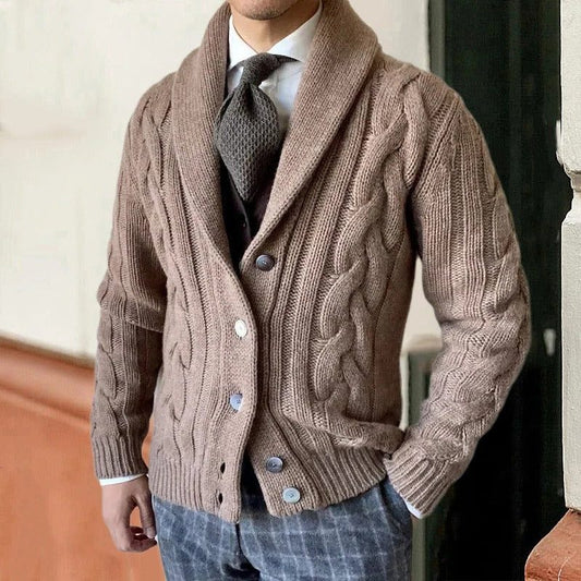 Cardigan bărbătesc tricotat cu torsade, guler șal, închidere cu nasturi și tricot texturat – Pulover elegant pentru purtare zilnică, serviciu și styling smart casual în straturi