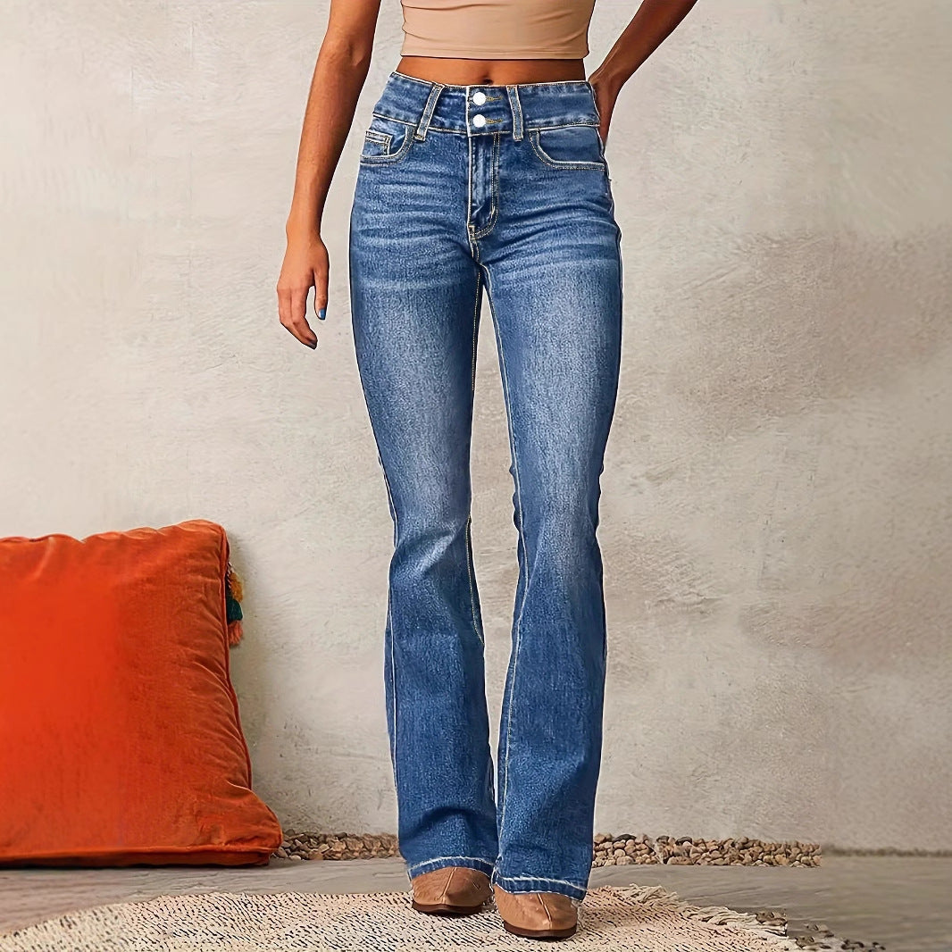 Dame Jeans Med Høj Talje Og Dobbelt Knaplukning – Bootcut Jeans Til Hverdagsbrug, Kontor, Fritid Og Smart Casual Stil