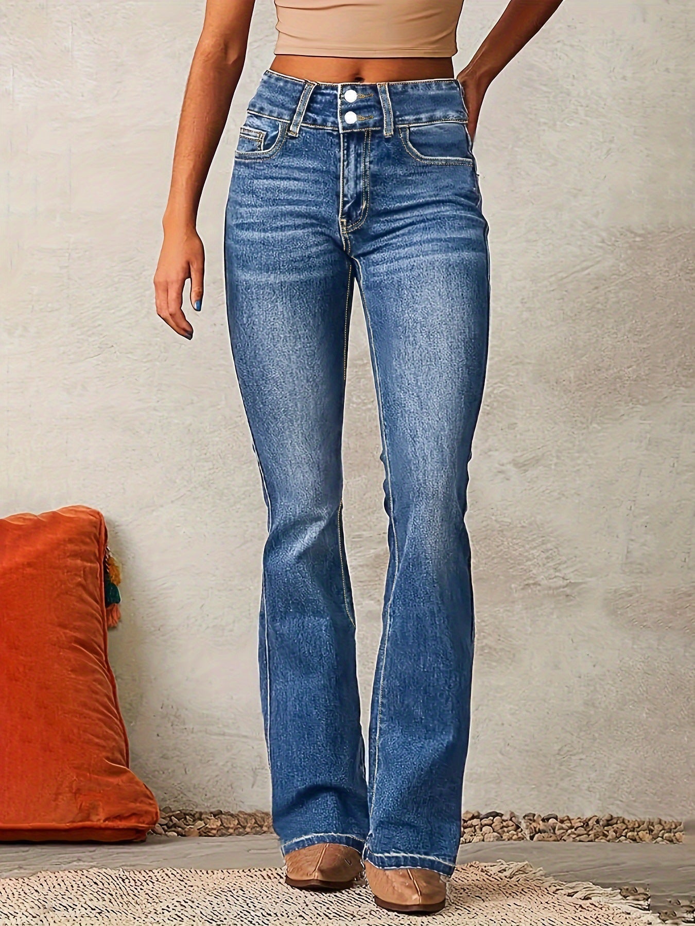 Dame Jeans Med Høj Talje Og Dobbelt Knaplukning – Bootcut Jeans Til Hverdagsbrug, Kontor, Fritid Og Smart Casual Stil