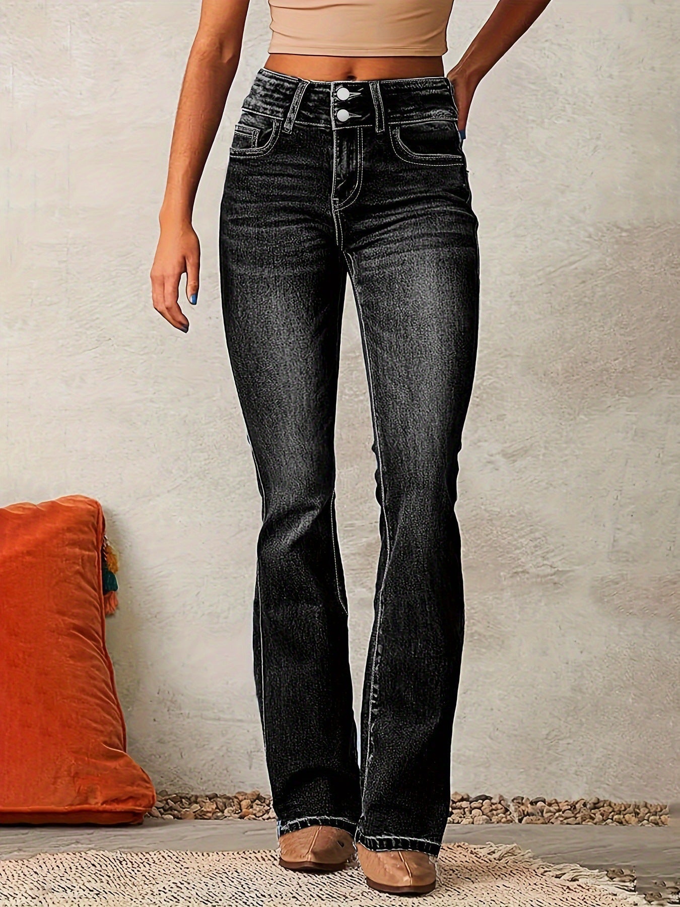 Dame Jeans Med Høj Talje Og Dobbelt Knaplukning – Bootcut Jeans Til Hverdagsbrug, Kontor, Fritid Og Smart Casual Stil