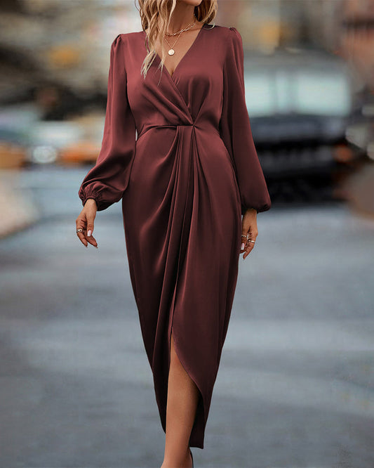 Rochie midi de damă în formă de A, cu decolteu în V și mâneci bufante tip lanternă – rochie elegantă pentru purtare zilnică, petreceri și ocazii speciale