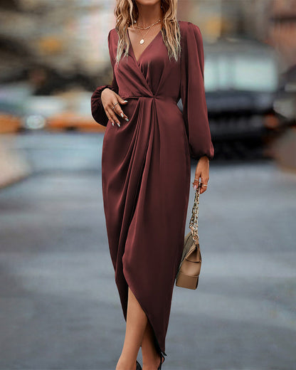Rochie midi de damă, cu decolteu în V, mâneci bufante și croială în A – rochie elegantă pentru purtare zilnică, petreceri și ocazii speciale