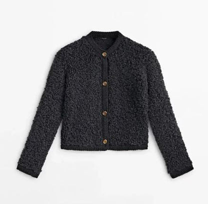 Dame Cropped Bouclé-cardigan Med Knaplukning Og Rund Hals – Tekstureret Strik Til Hverdagsbrug, Fritid Og Elegant Lag-på-lag Styling