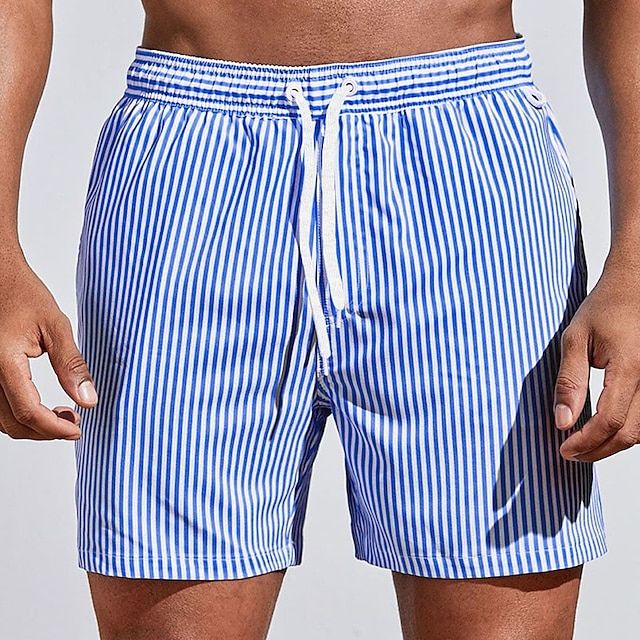 Herre Hurtigtørrende Badeshorts – Stribede Badeshorts med Snøre til Strand og Pool