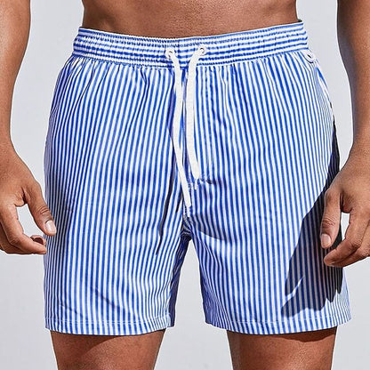 Herre Hurtigtørrende Badeshorts – Stribede Badeshorts med Snøre til Strand og Pool