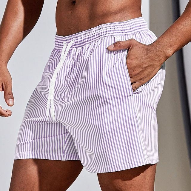 Herre Hurtigtørrende Badeshorts – Stribede Badeshorts med Snøre til Strand og Pool