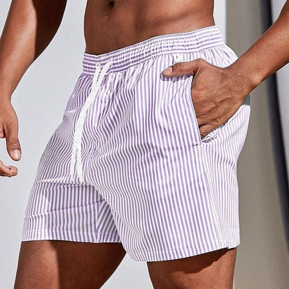 Herre Hurtigtørrende Badeshorts – Stribede Badeshorts med Snøre til Strand og Pool