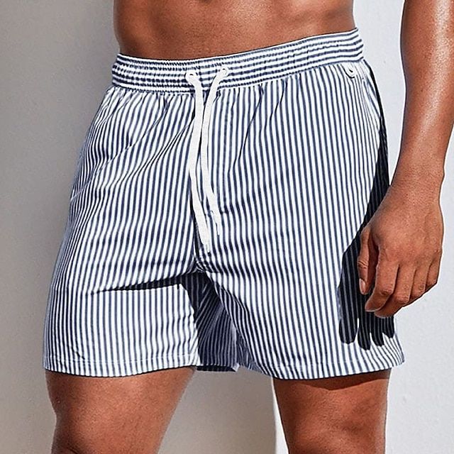 Herre Hurtigtørrende Badeshorts – Stribede Badeshorts med Snøre til Strand og Pool