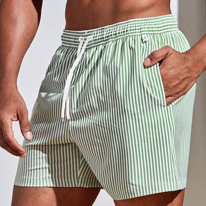 Herre Hurtigtørrende Badeshorts – Stribede Badeshorts med Snøre til Strand og Pool