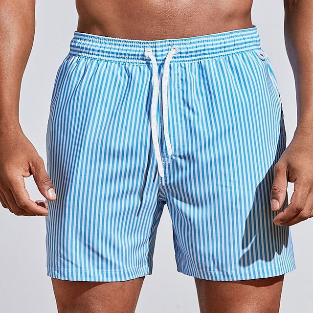 Herre Hurtigtørrende Badeshorts – Stribede Badeshorts med Snøre til Strand og Pool