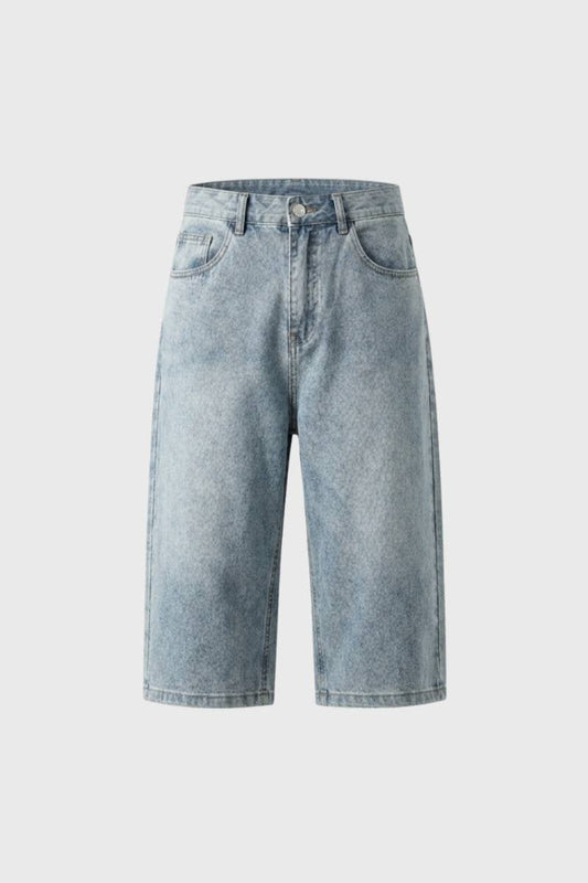 Pantaloni scurți bărbătești din denim, croială lungă, cu cinci buzunare și finisaj spălat