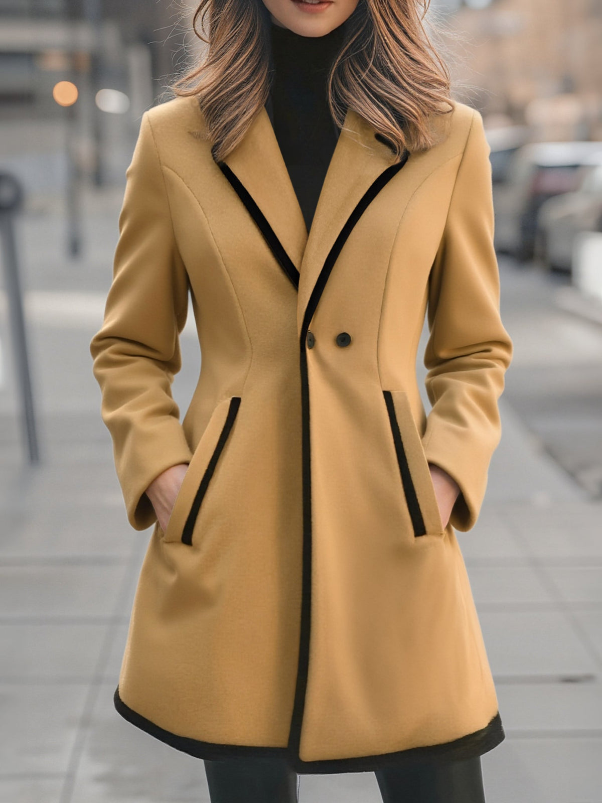 Women's Double-Breasted Blazer Coat with Contrasting Trim – Elegant Tailored Jacket for Work, Smart-Casual Style, and Everyday Wear