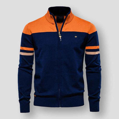 Men's Lightweight Knitted Cardigan With Zipper – Knit Jacket With Stand Collar, Striped Sleeve Details And Ribbed Edges For Smart Casual Style And Everyday Use