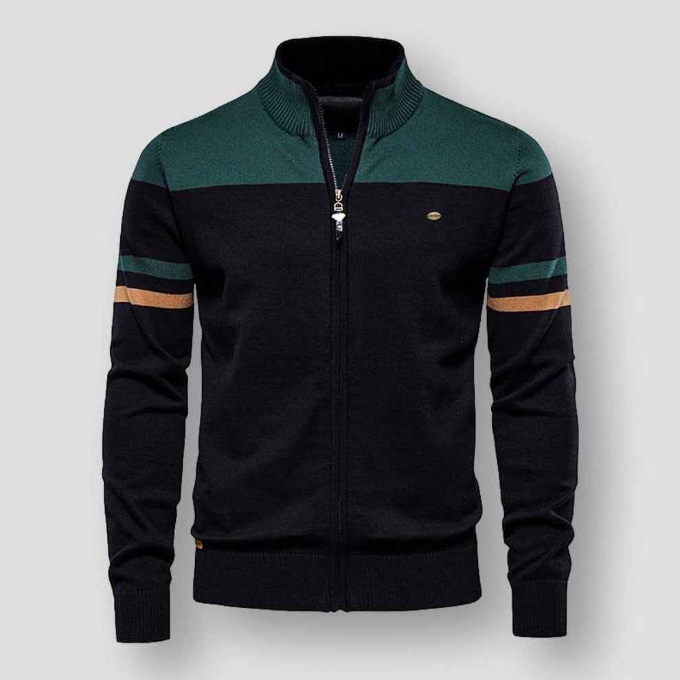 Men's Lightweight Knitted Cardigan With Zipper – Knit Jacket With Stand Collar, Striped Sleeve Details And Ribbed Edges For Smart Casual Style And Everyday Use