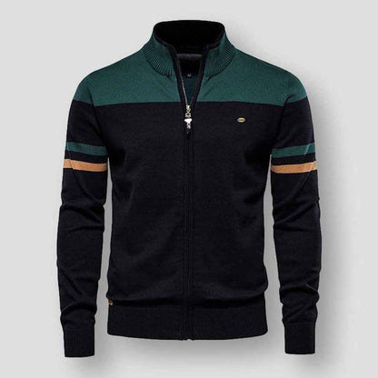 Men's Lightweight Knitted Cardigan With Zipper – Knit Jacket With Stand Collar, Striped Sleeve Details And Ribbed Edges For Smart Casual Style And Everyday Use