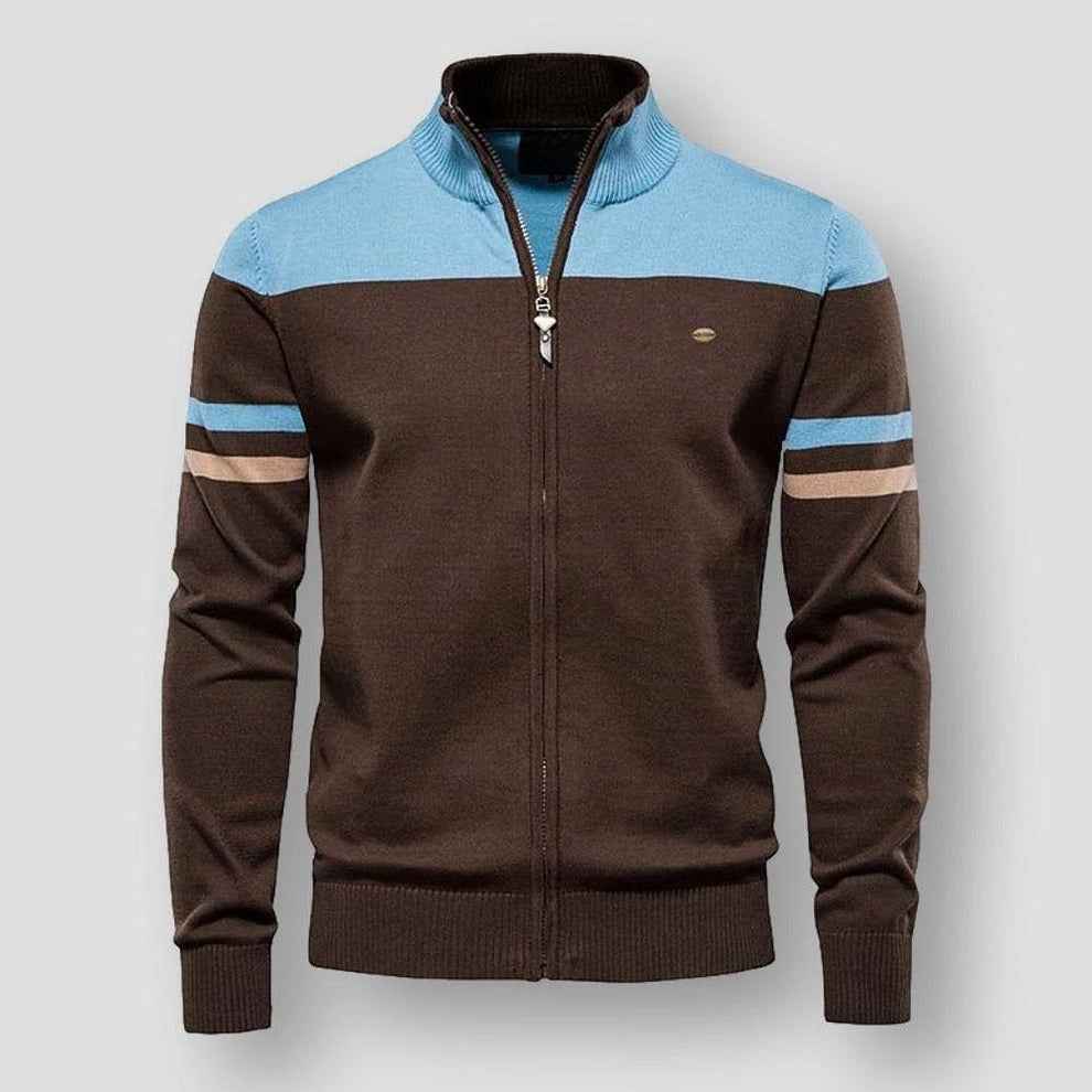 Men's Lightweight Knitted Cardigan With Zipper – Knit Jacket With Stand Collar, Striped Sleeve Details And Ribbed Edges For Smart Casual Style And Everyday Use