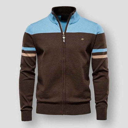 Men's Lightweight Knitted Cardigan With Zipper – Knit Jacket With Stand Collar, Striped Sleeve Details And Ribbed Edges For Smart Casual Style And Everyday Use