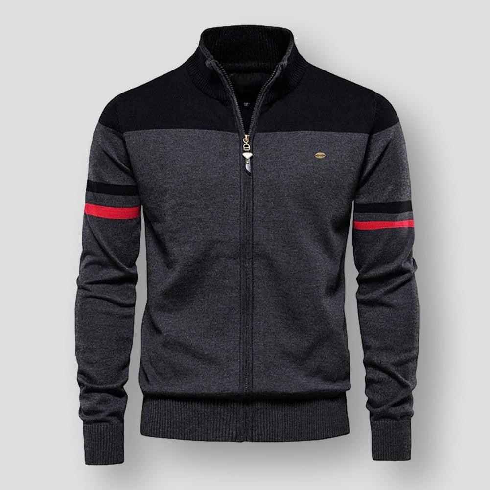 Men's Lightweight Knitted Cardigan With Zipper – Knit Jacket With Stand Collar, Striped Sleeve Details And Ribbed Edges For Smart Casual Style And Everyday Use