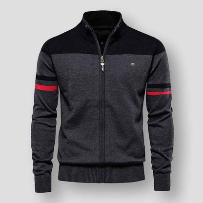 Men's Lightweight Knitted Cardigan With Zipper – Knit Jacket With Stand Collar, Striped Sleeve Details And Ribbed Edges For Smart Casual Style And Everyday Use