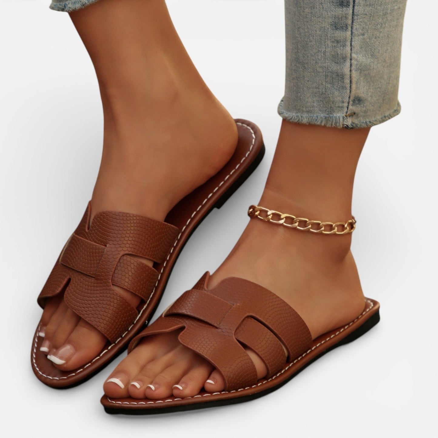 Dame Slip-On Sandaler Med Åben Tå Og Flad Komfortsål