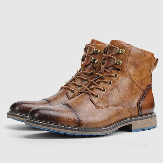 Men's leather ankle boots with lace-up closure, cap toe, and block heel - stylish boots with a contrasting sole for everyday wear and smart-casual outfits