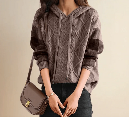 Sudadera extragrande de punto trenzado para mujer con mangas a cuadros – Suéter suave para combinar con varias capas de forma informal en otoño e invierno