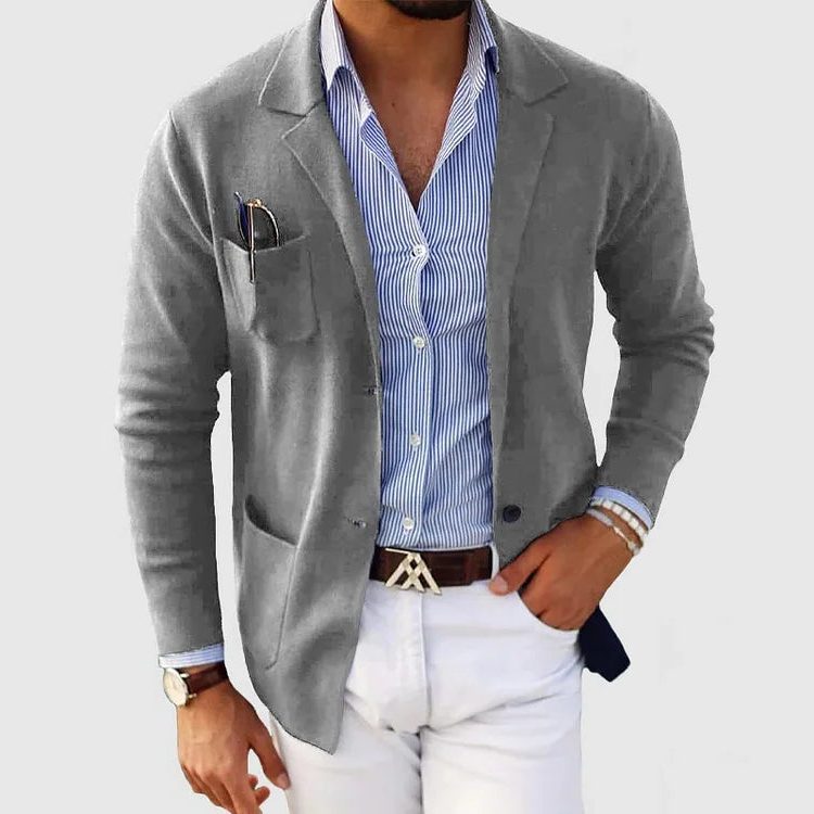 Men's Knit Blazer Cardigan With Notched Collar, Button Closure And Patch Pockets – Elegant Knit Jacket For Work, Everyday Wear And Smart Casual Layered Styling